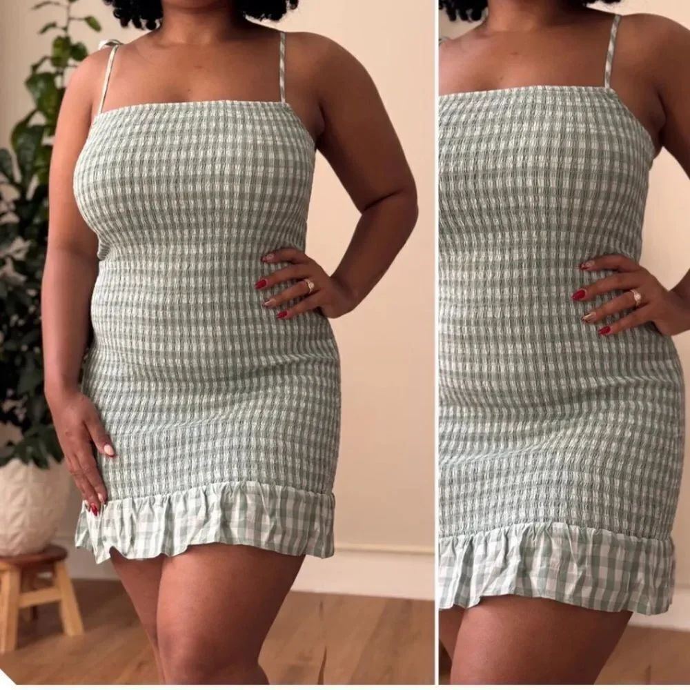 Reformation Gemini Green Checkered Mini Dress